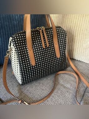 Fossil Sydney polkadot satchel, Crossbody cream and black coated leather EUC